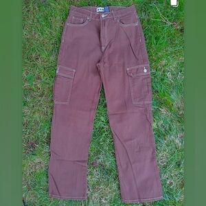 High waisted Brown Cargo Pants with White Stitching & Pockets